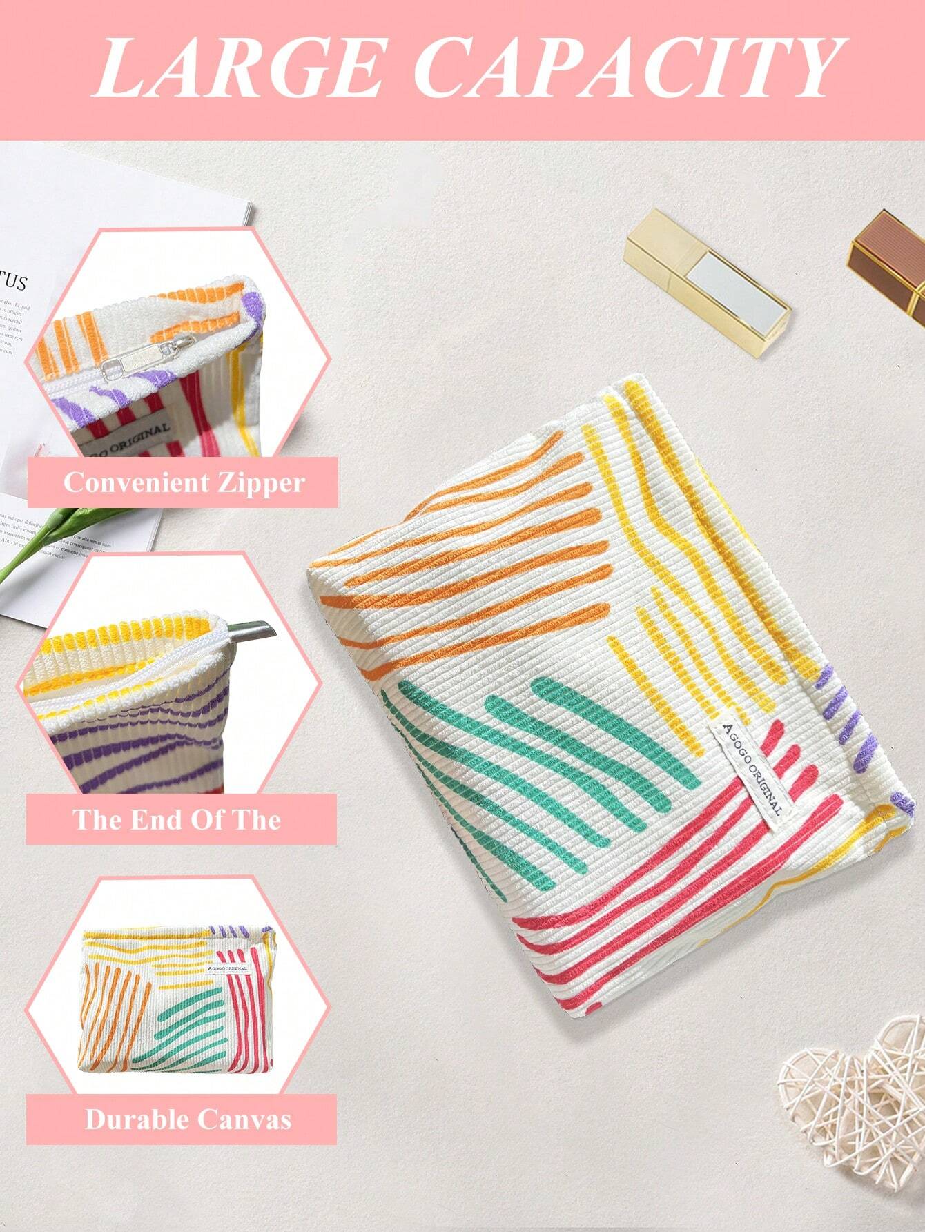 Floral Colorful Striped Makeup Bag