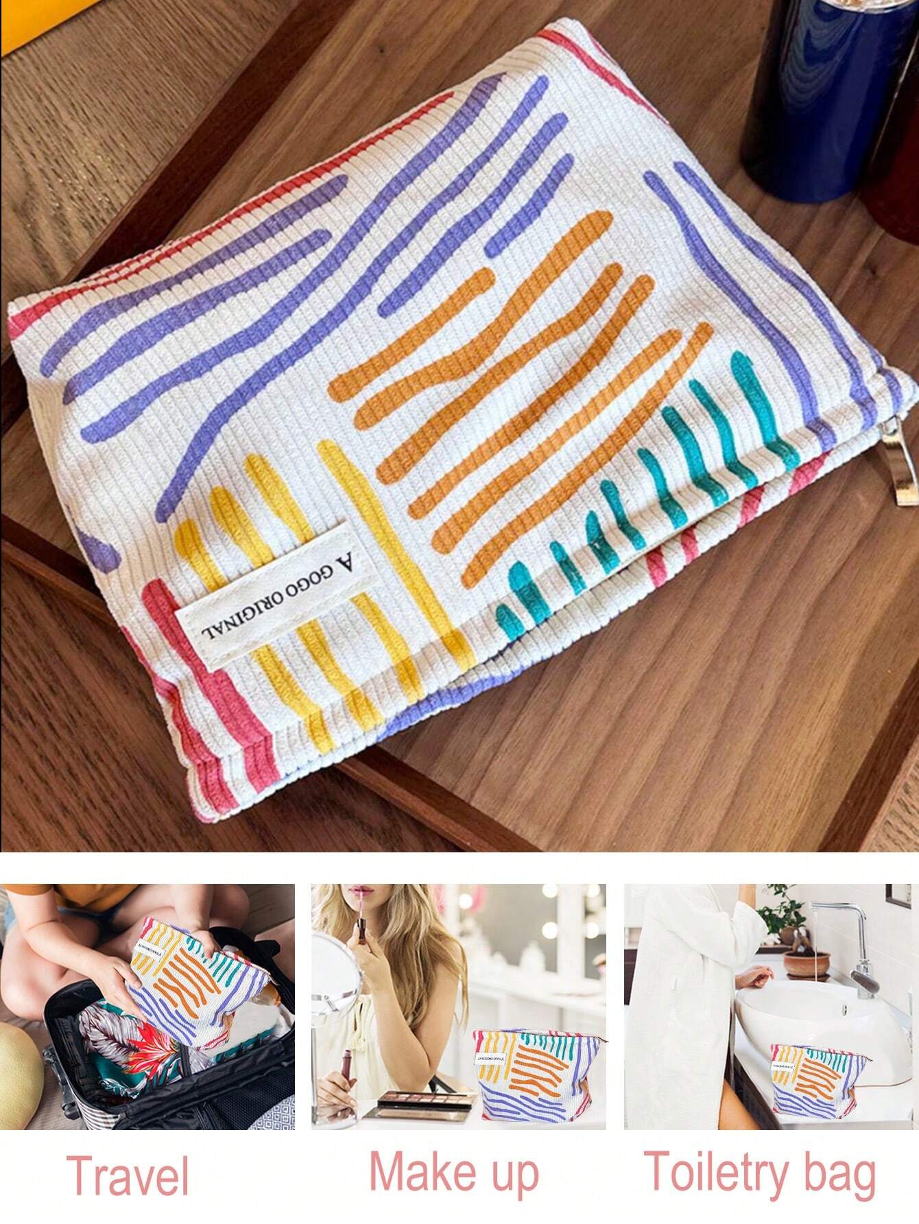 Floral Colorful Striped Makeup Bag