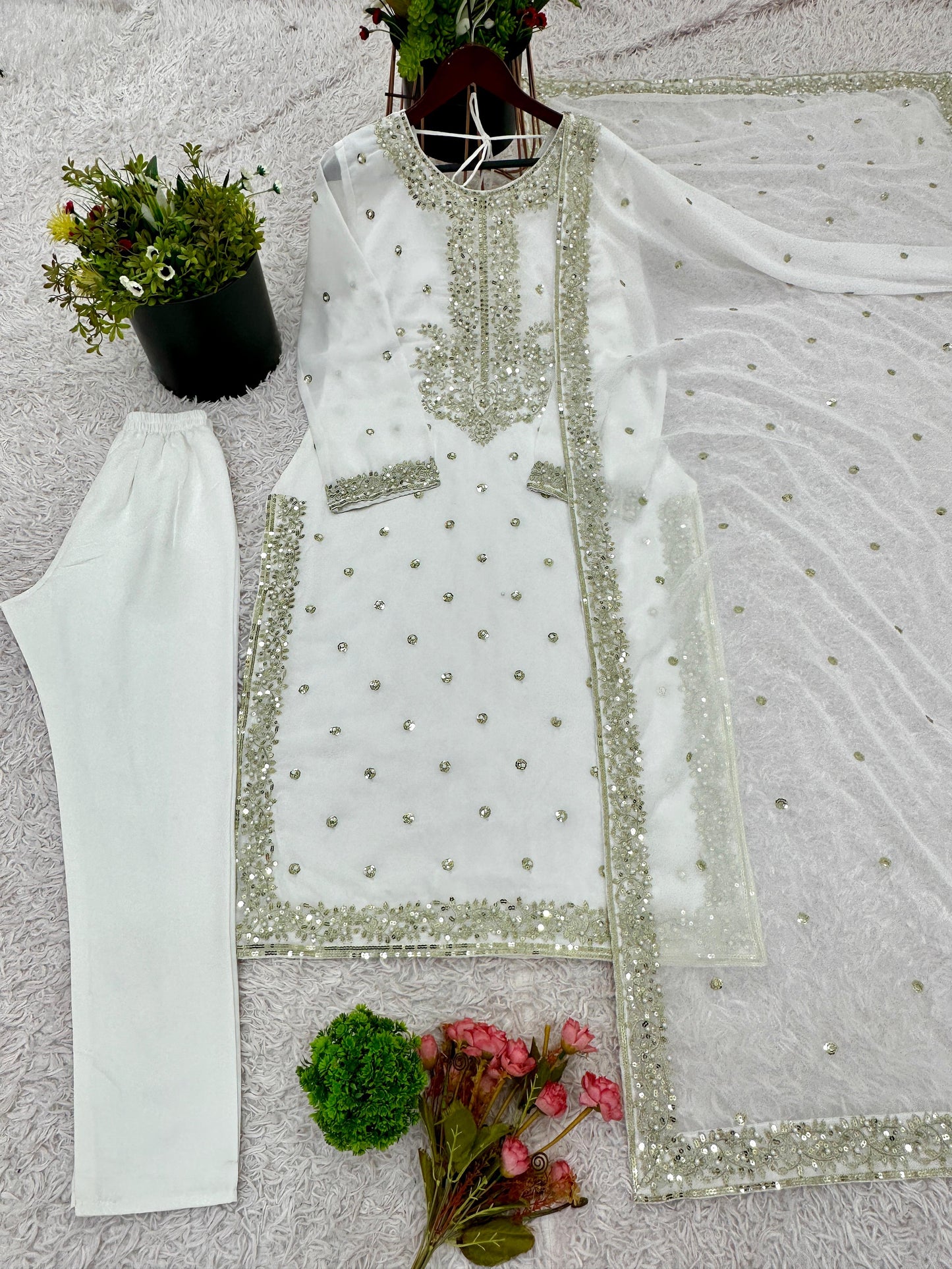 Premium Embroidered Georgette Top & Bottom Set with Moti Work Dupatta