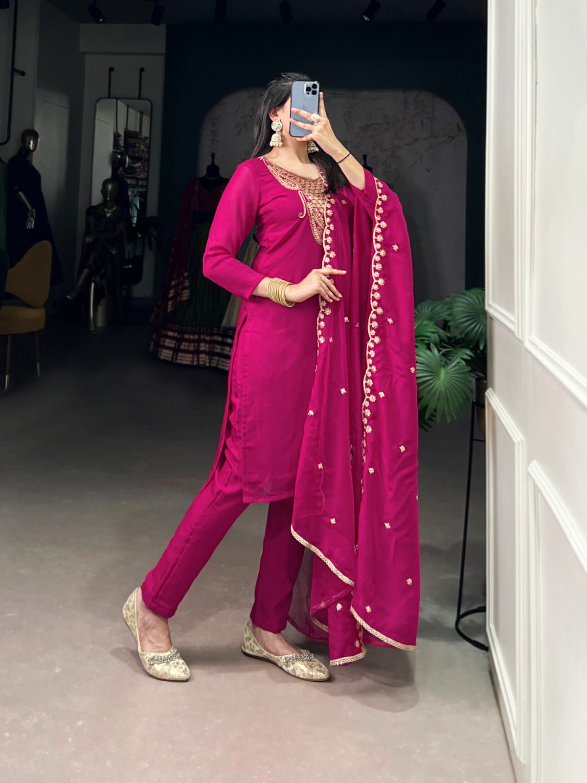 Elegant Pink Embroidered Organza Ethnic Set