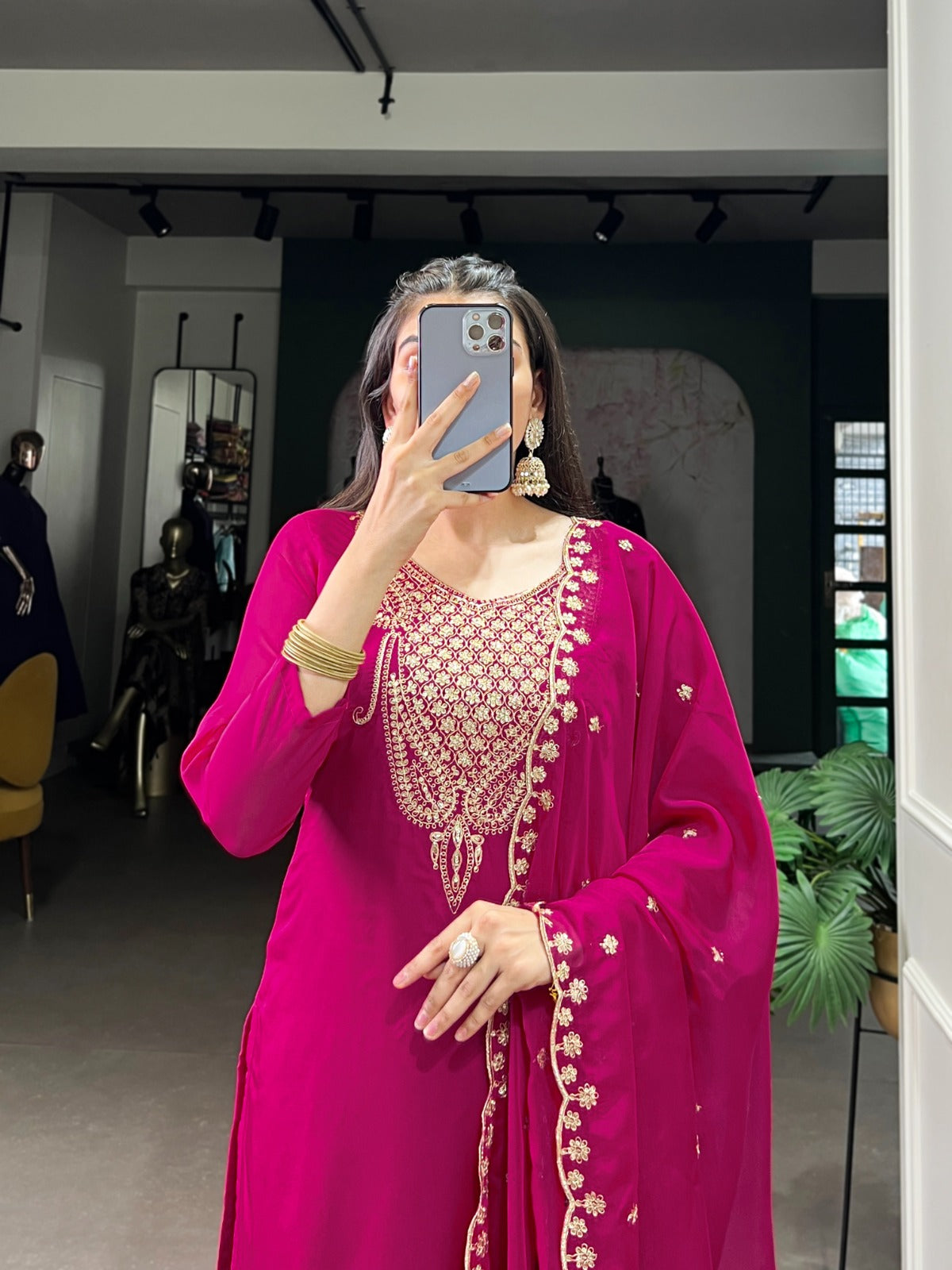 Elegant Pink Embroidered Organza Ethnic Set