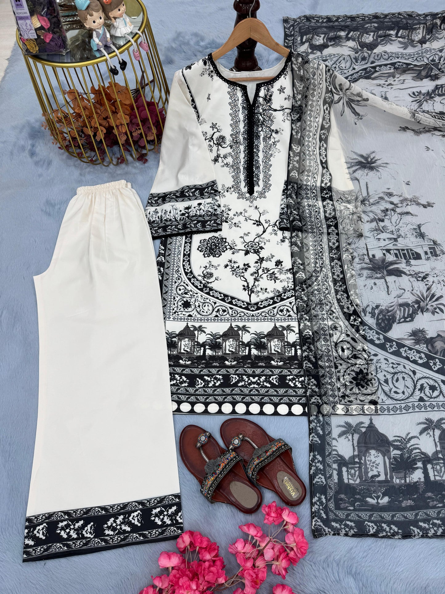 Elegant Designer Party Wear 3-Piece Printed Co-Ord Set in Premium Pur Malai Satin