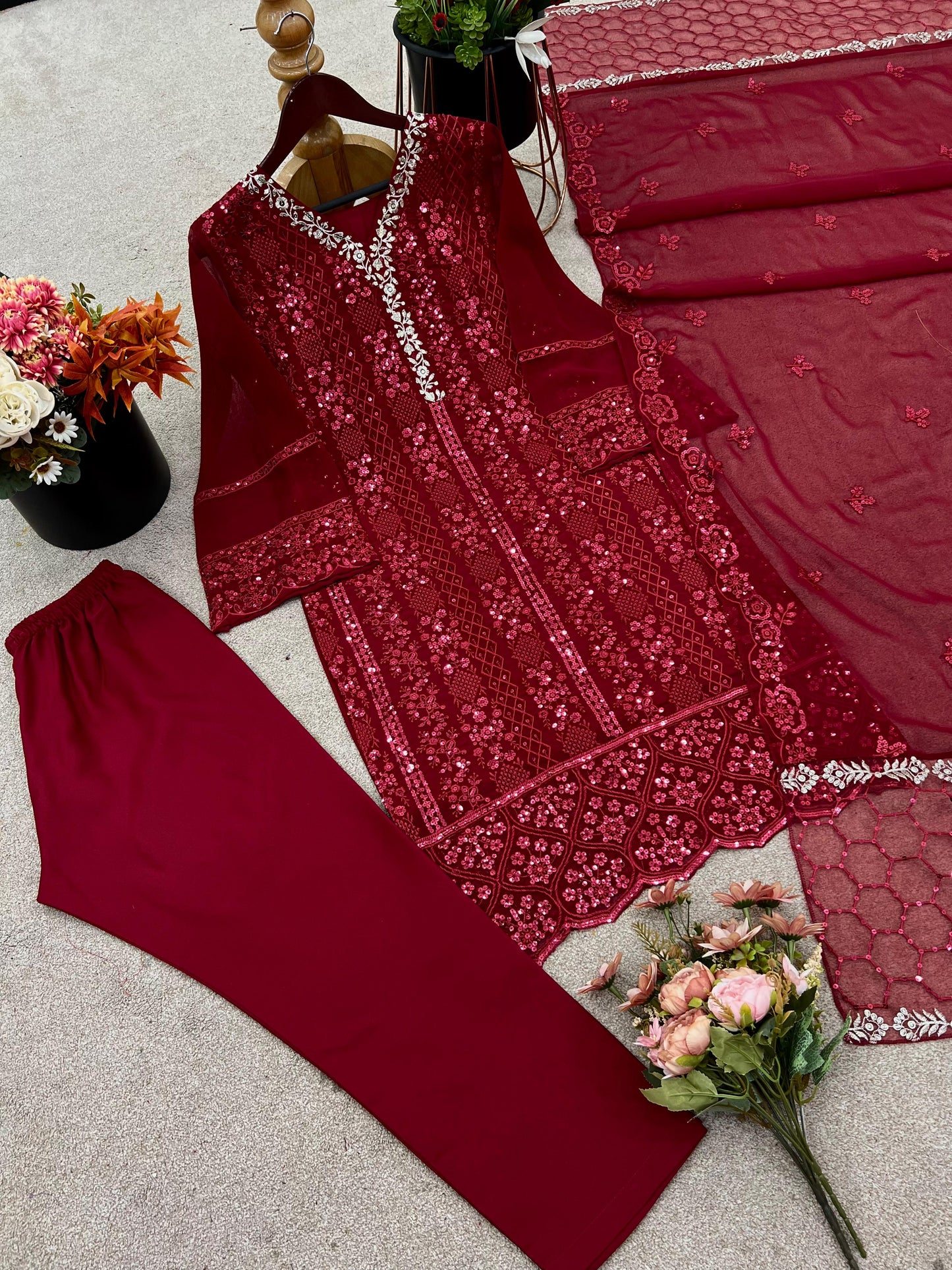 Faux Georgette Top-Bottom And Dupatta Set Fully Stitched