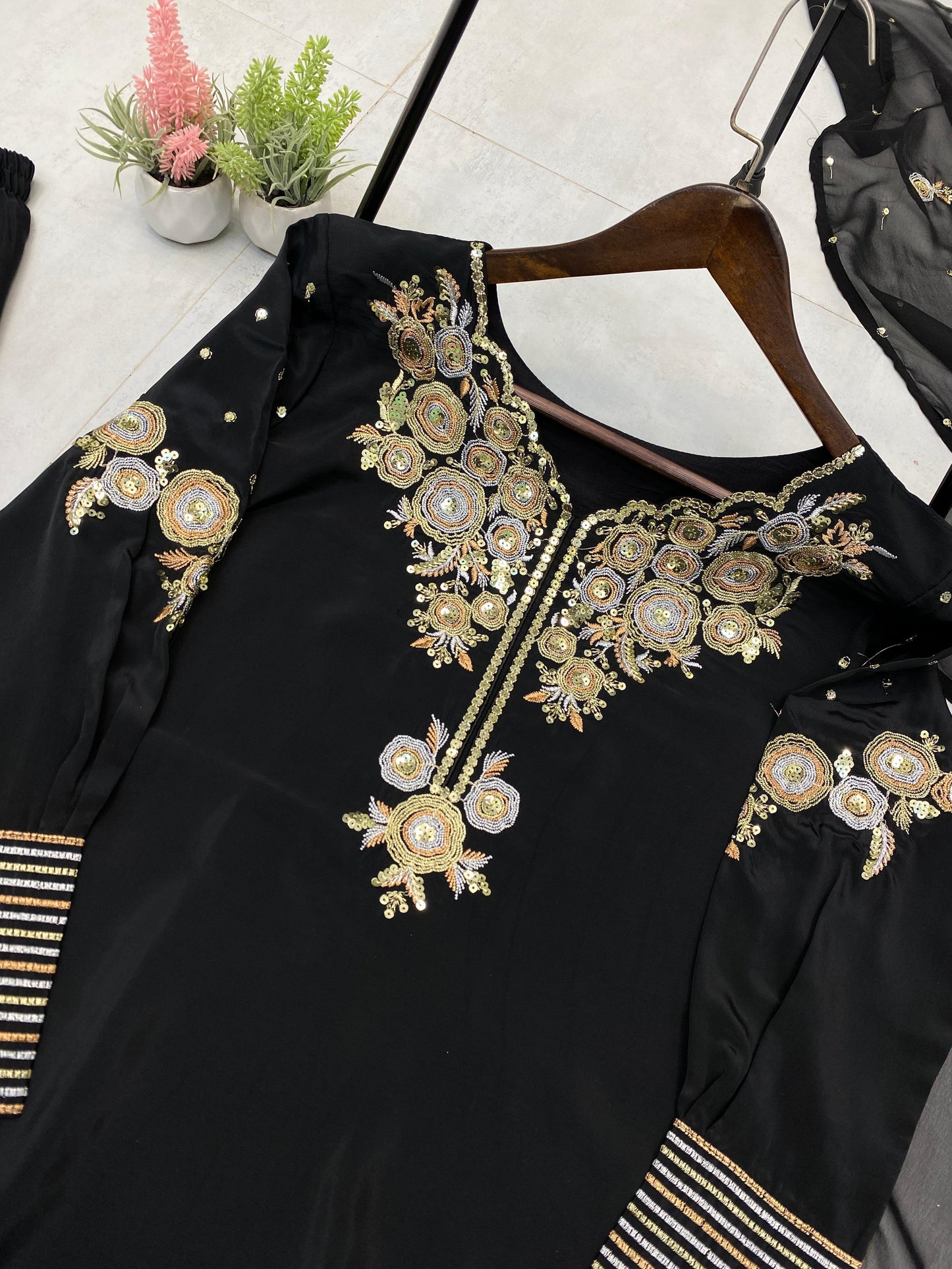 CRAPE SILK WITH SEQUANCE EMBROIDERY WORK SUIT WITH SALWAAR AND DUPATTA