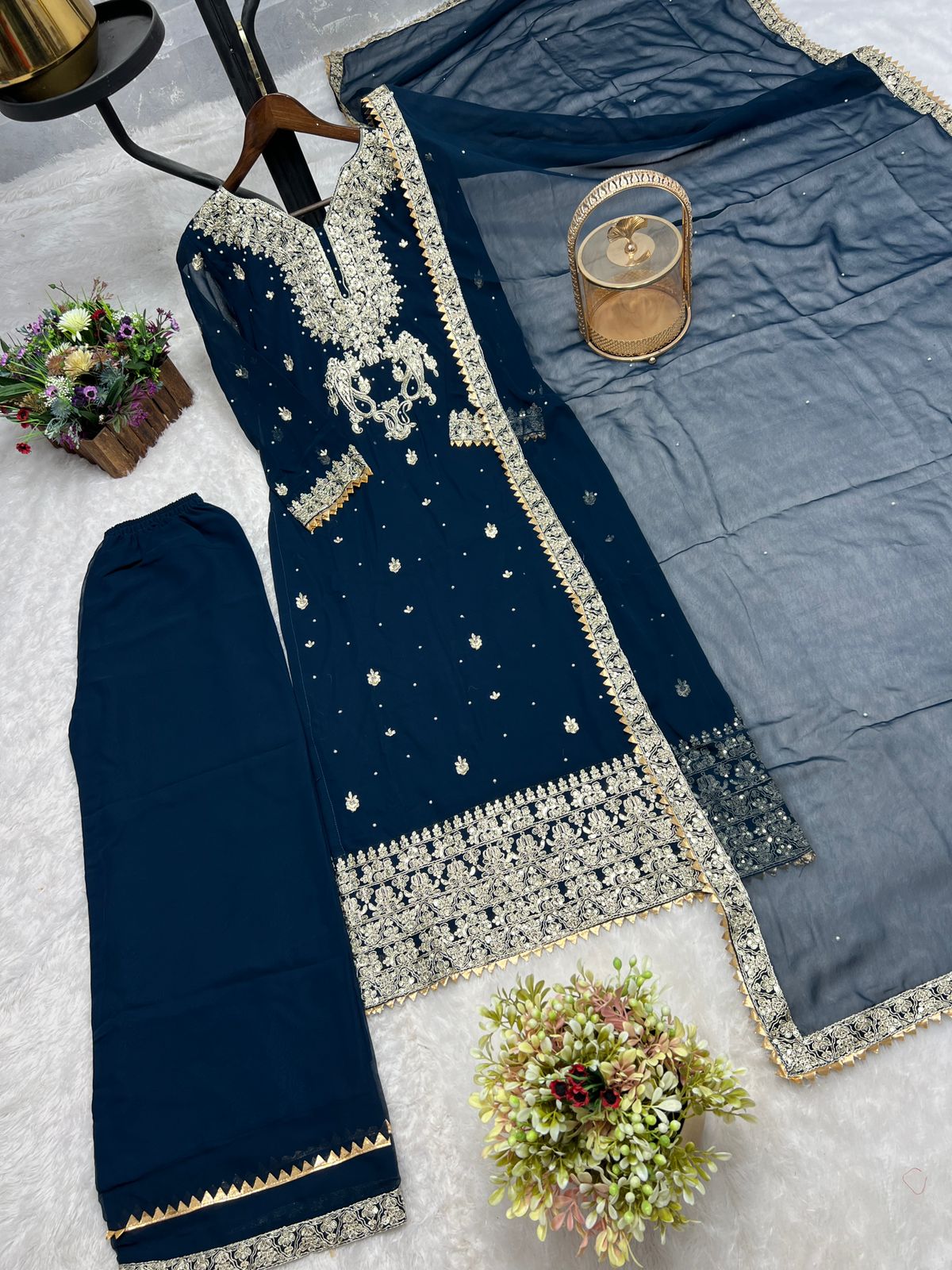 Heavy Embroidered Faux Georgette Top, Plazzo & Dupatta Set