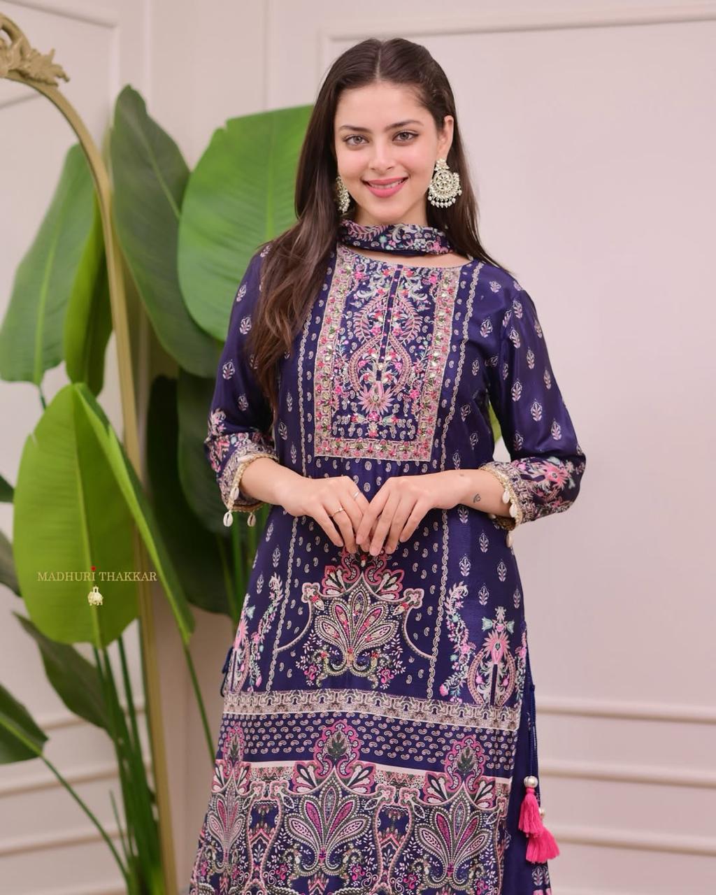 Designer Trending Chinon Silk Suit Set with Plazzo & Dupatta