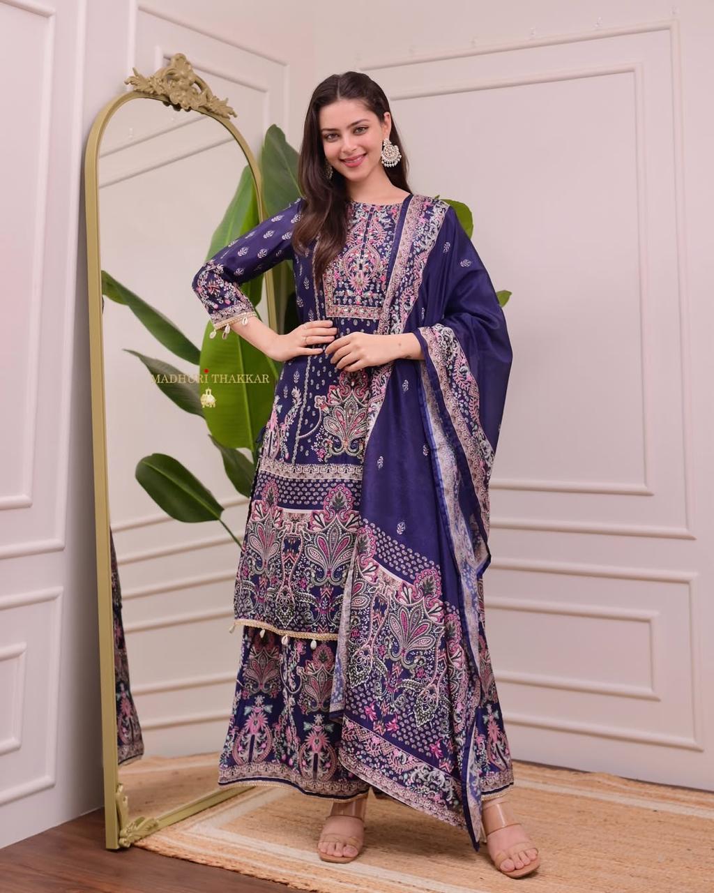 Designer Trending Chinon Silk Suit Set with Plazzo & Dupatta