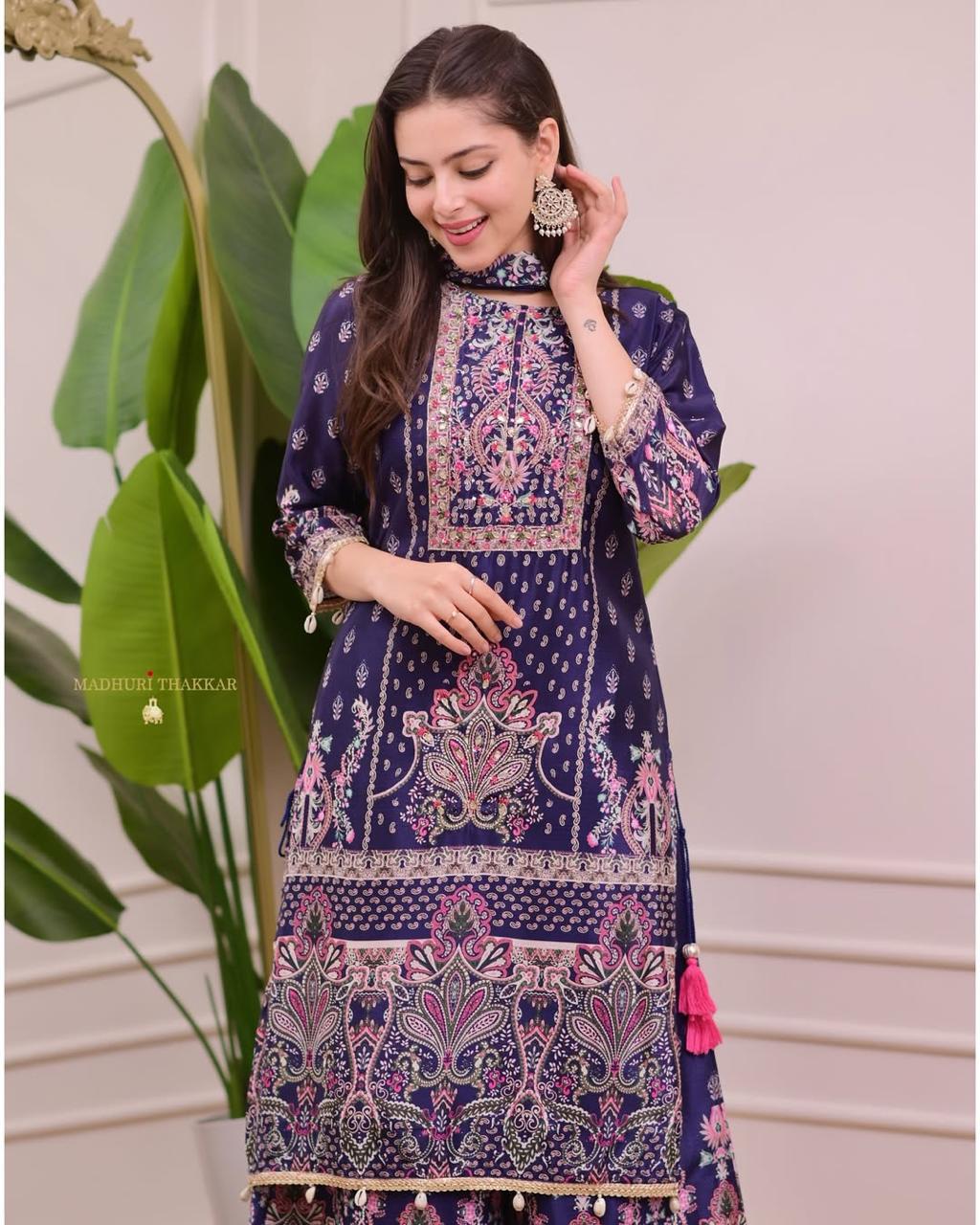 Designer Trending Chinon Silk Suit Set with Plazzo & Dupatta