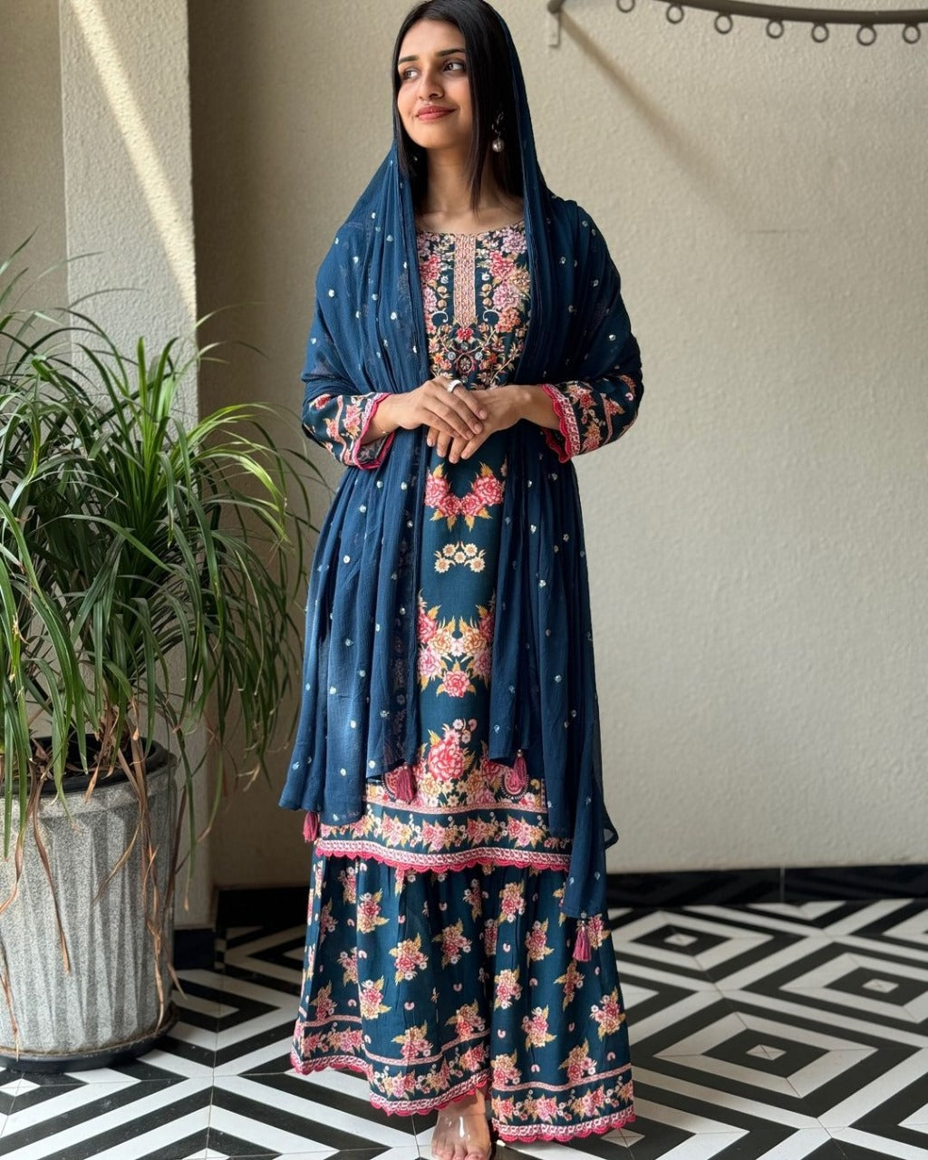 Designer Digital Print Suit with Elegant Handwork