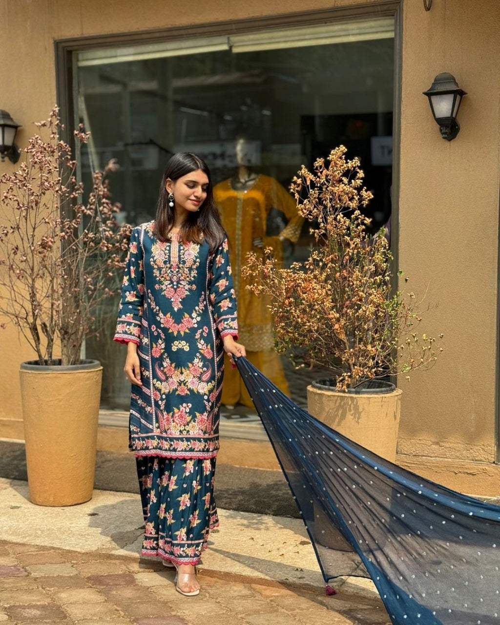 Designer Digital Print Suit with Elegant Handwork