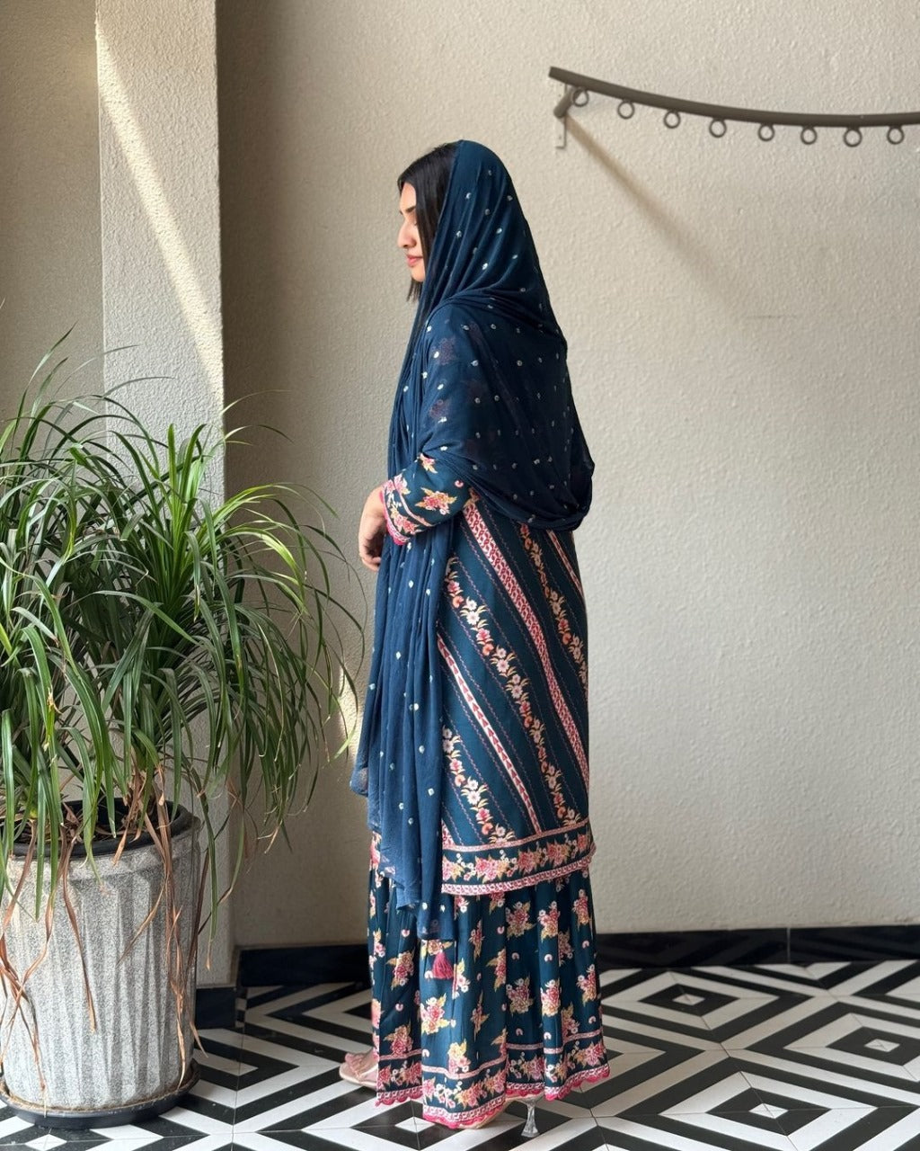 Designer Digital Print Suit with Elegant Handwork