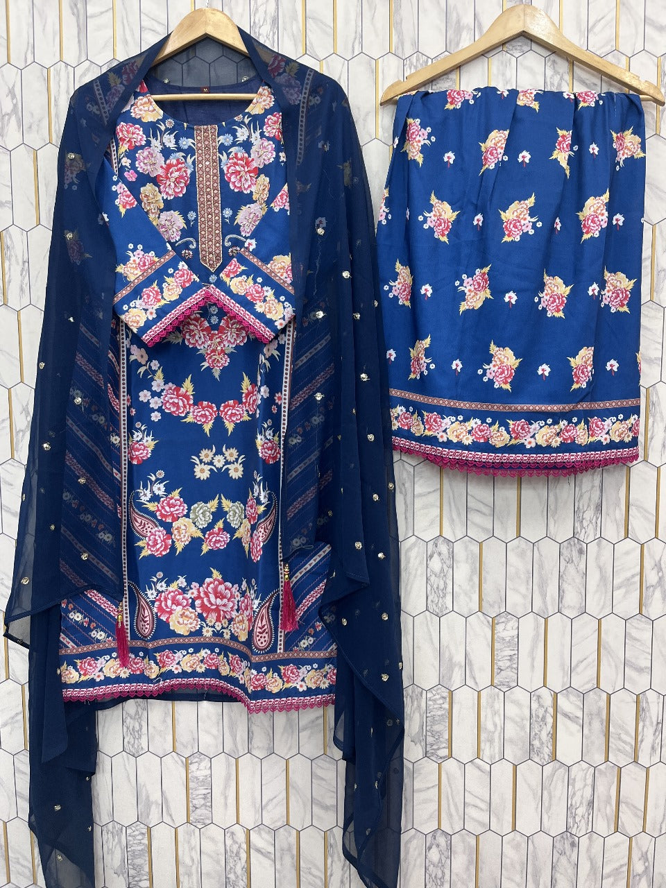 Designer Digital Print Suit with Elegant Handwork