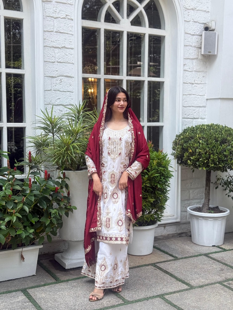Premium Sequence Embroidered Set in Pure Chinon Silk โ Top, Plazzo & Dupatta