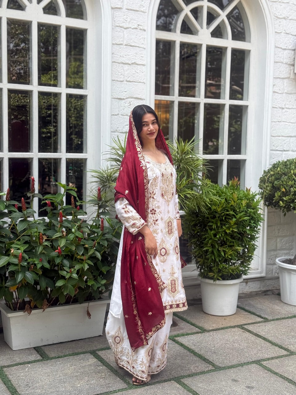 Premium Sequence Embroidered Set in Pure Chinon Silk โ Top, Plazzo & Dupatta