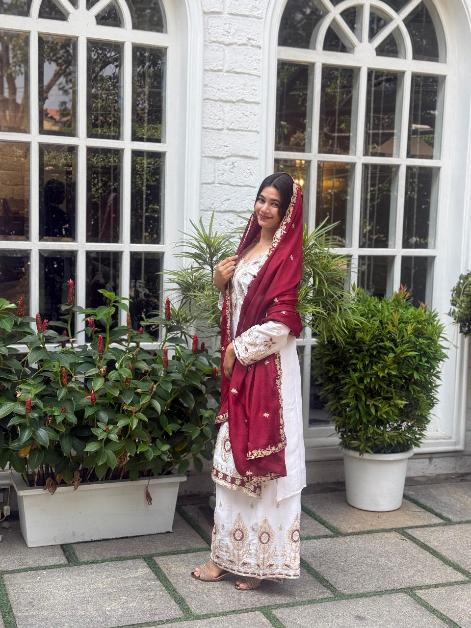 Premium Sequence Embroidered Set in Pure Chinon Silk โ Top, Plazzo & Dupatta