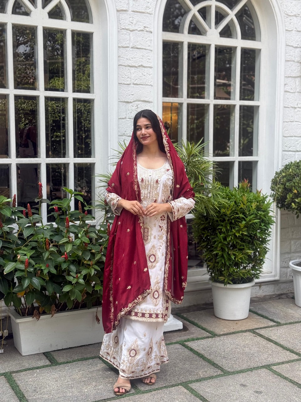 Premium Sequence Embroidered Set in Pure Chinon Silk โ Top, Plazzo & Dupatta