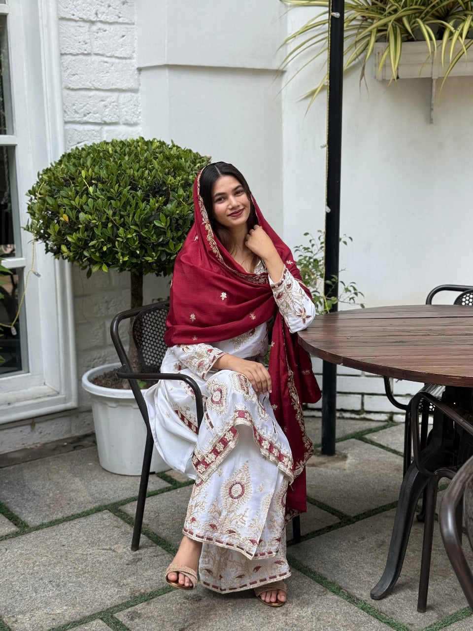 Premium Sequence Embroidered Set in Pure Chinon Silk โ Top, Plazzo & Dupatta