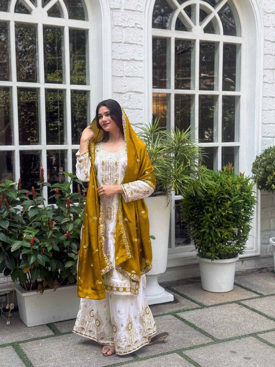 Premium Sequence Embroidered Set in Pure Chinon Silk โ Top, Plazzo & Dupatta (Orange)