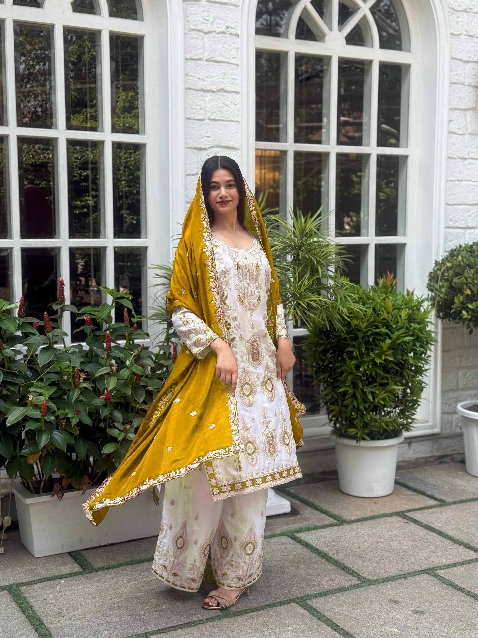 Premium Sequence Embroidered Set in Pure Chinon Silk โ Top, Plazzo & Dupatta (Orange)