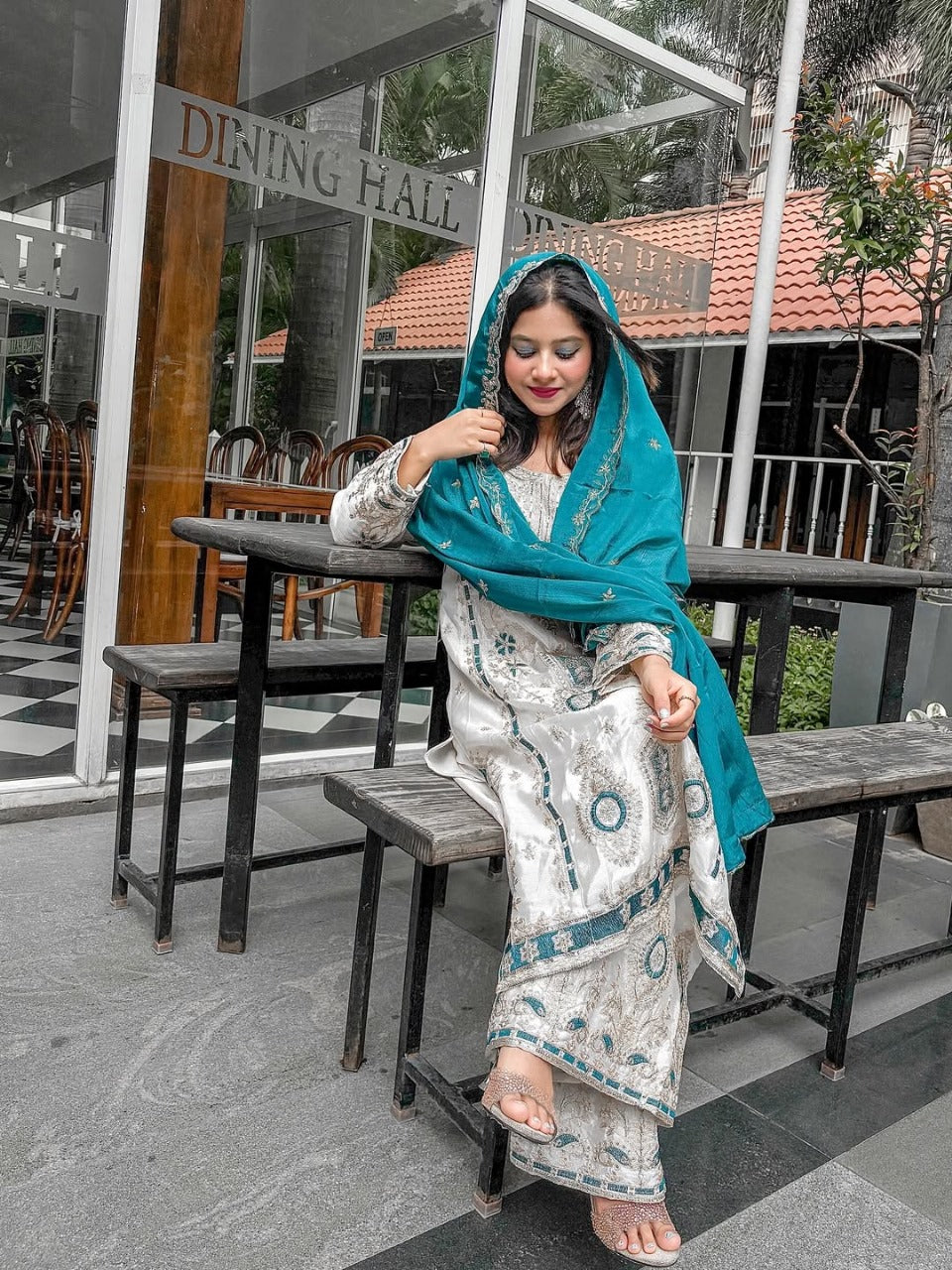 Premium Sequence Embroidered Set in Pure Chinon Silk โ Top, Plazzo & Dupatta (Blue)
