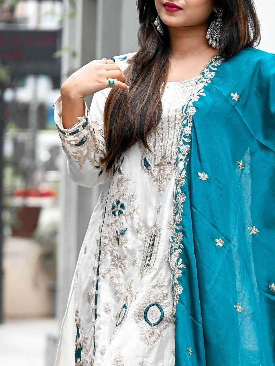 Premium Sequence Embroidered Set in Pure Chinon Silk โ Top, Plazzo & Dupatta (Blue)