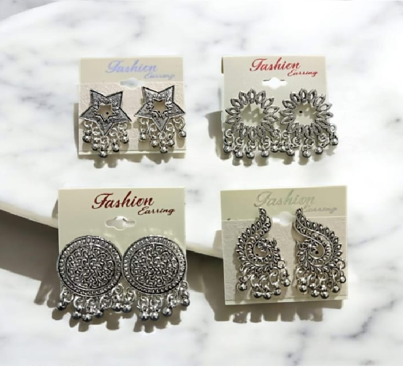 Antique Silver Oxidized Earrings Set – Pack of 4