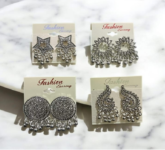 Antique Silver Oxidized Earrings Set – Pack of 4