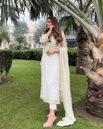 Premium Embroidered Georgette Top & Bottom Set with Moti Work Dupatta