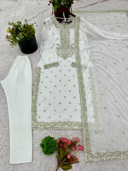 Premium Embroidered Georgette Top & Bottom Set with Moti Work Dupatta
