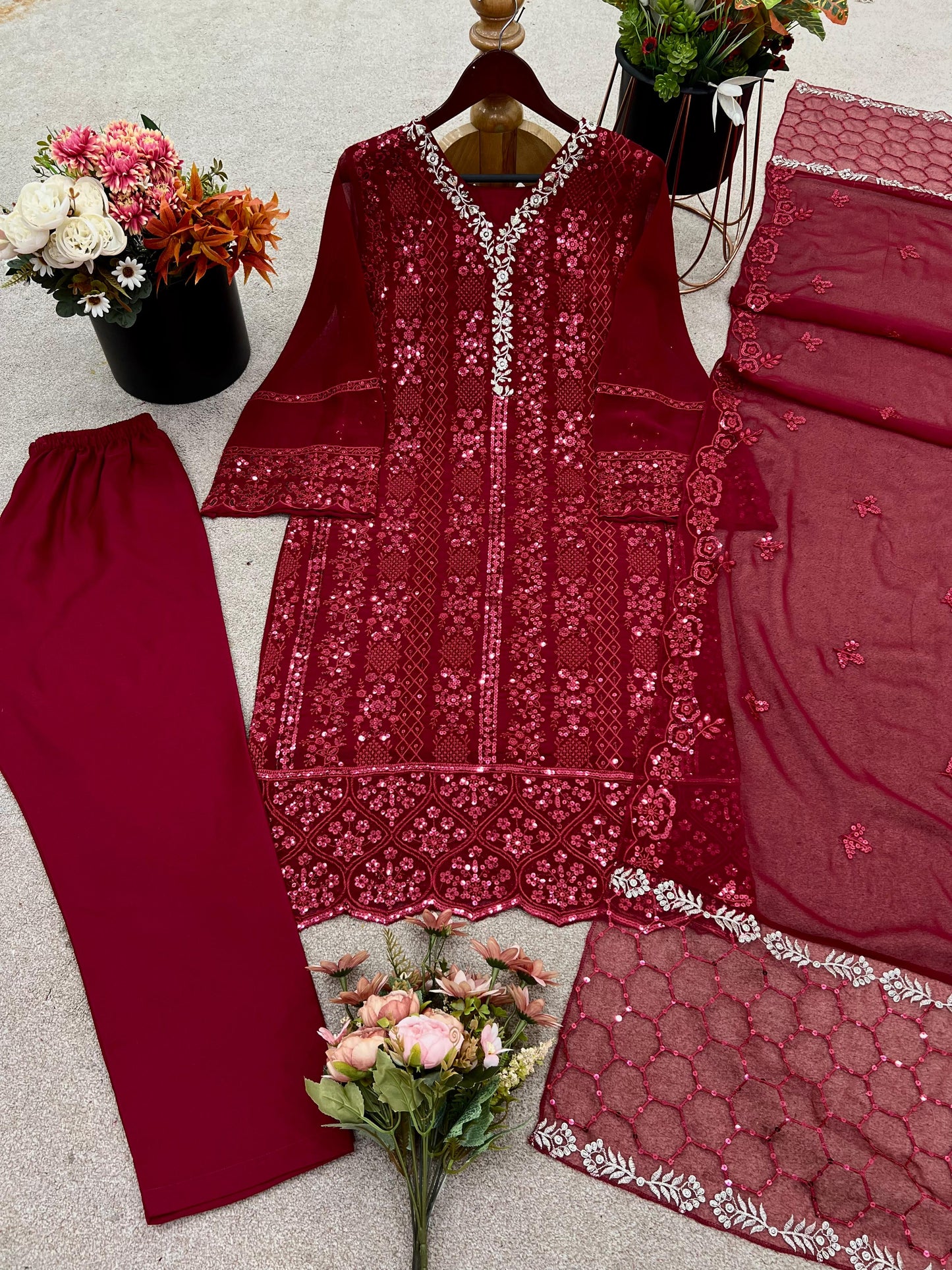 Faux Georgette Top-Bottom And Dupatta Set Fully Stitched
