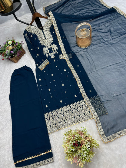 Heavy Embroidered Faux Georgette Top, Plazzo & Dupatta Set