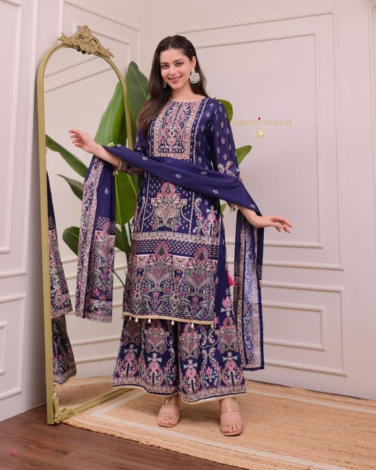 Designer Trending Chinon Silk Suit Set with Plazzo & Dupatta