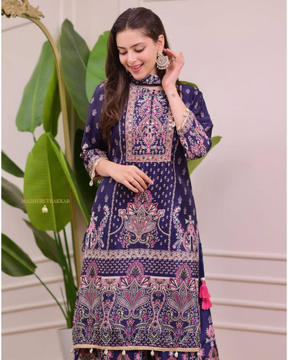 Designer Trending Chinon Silk Suit Set with Plazzo & Dupatta