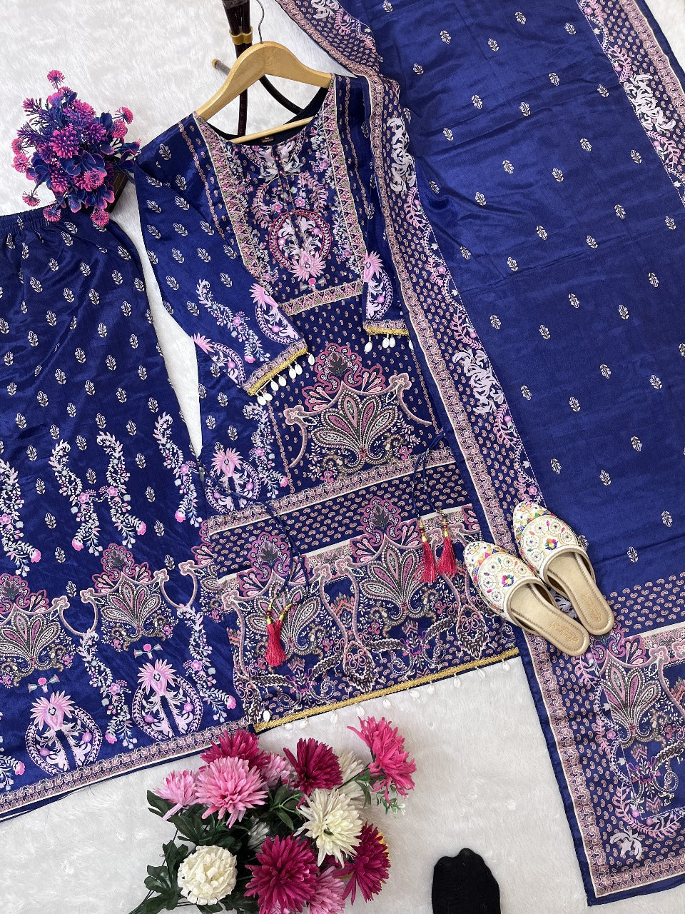 Designer Trending Chinon Silk Suit Set with Plazzo & Dupatta