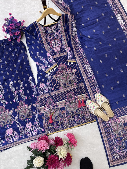 Designer Trending Chinon Silk Suit Set with Plazzo & Dupatta