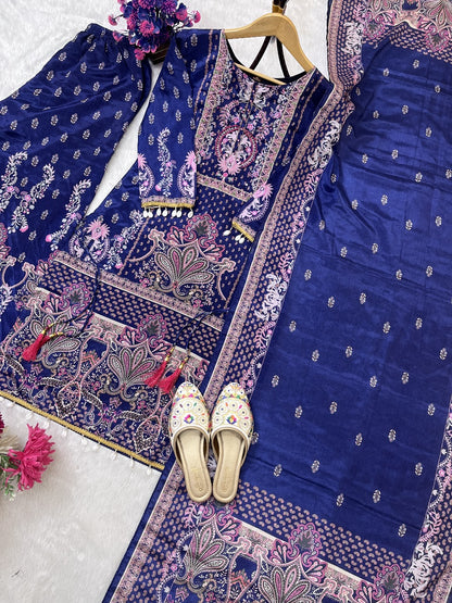 Designer Trending Chinon Silk Suit Set with Plazzo & Dupatta
