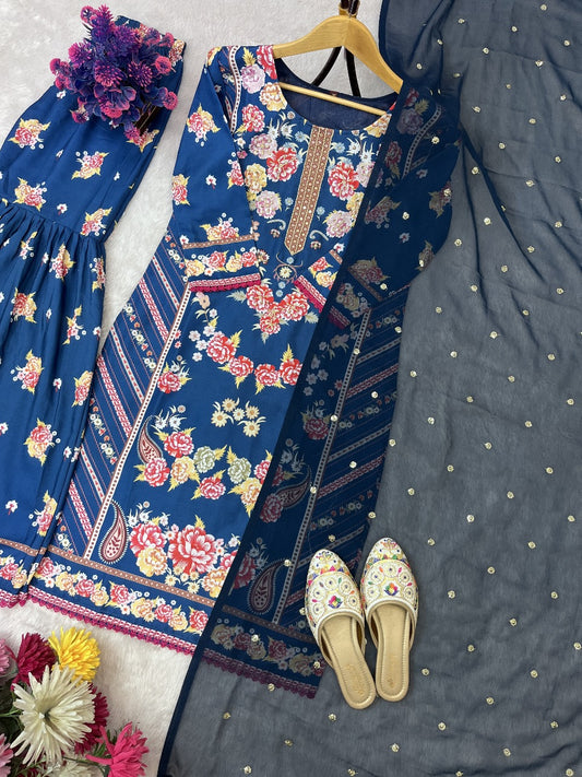 Designer Digital Print Suit with Elegant Handwork