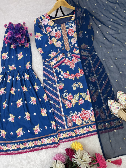 Designer Digital Print Suit with Elegant Handwork