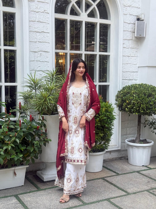 Premium Sequence Embroidered Set in Pure Chinon Silk – Top, Plazzo & Dupatta
