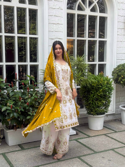 Premium Sequence Embroidered Set in Pure Chinon Silk – Top, Plazzo & Dupatta (Orange)