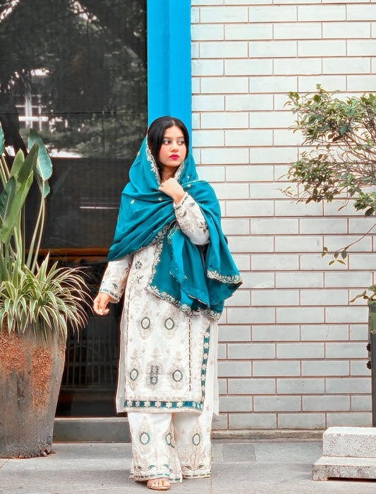 Premium Sequence Embroidered Set in Pure Chinon Silk – Top, Plazzo & Dupatta (Blue)