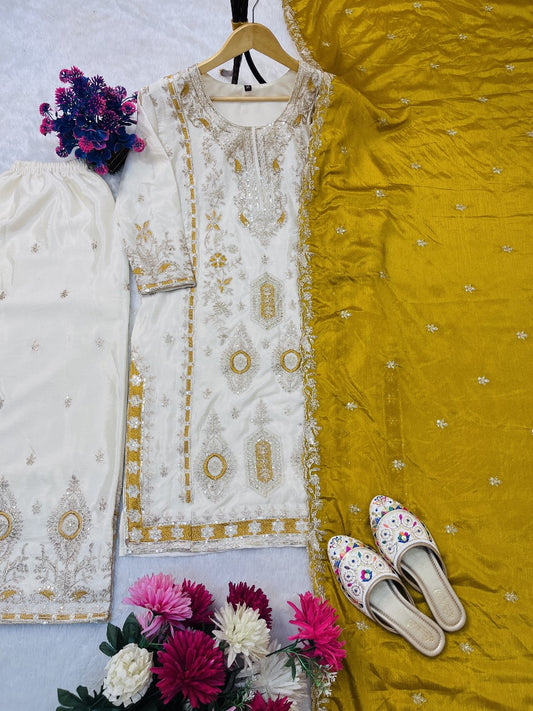 Premium Sequence Embroidered Set in Pure Chinon Silk – Top, Plazzo & Dupatta (Orange)