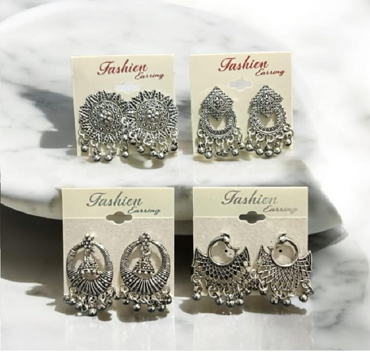 Antique Silver Oxidized Earrings Set – Pack of 4