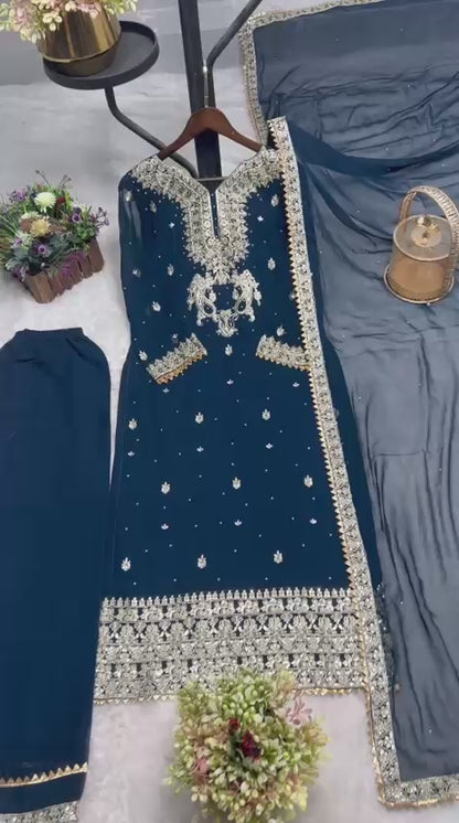 Heavy Embroidered Faux Georgette Top, Plazzo & Dupatta Set