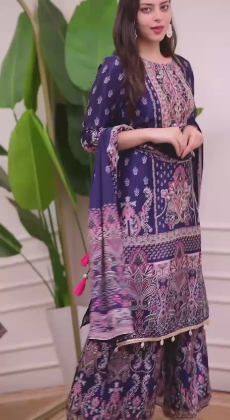 Designer Trending Chinon Silk Suit Set with Plazzo & Dupatta